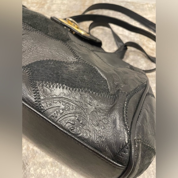 Vintage Black Patchwork Shoulder Handbag Purse Bag Gladstone Doctor Bag Opening - Picture 7 of 14